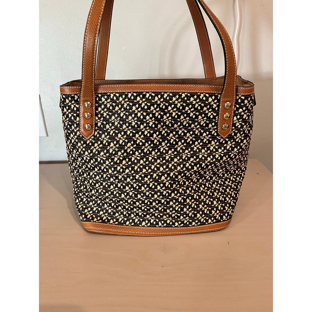 Eric Javits Woven Straw Tote Bag Brown Leather Trim Zip Top Large